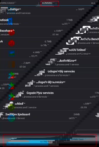 Экран настроек Android — запущенные процессы и использование RAM