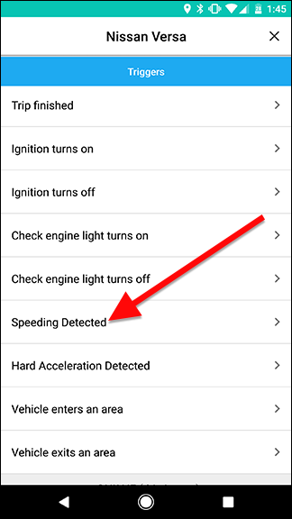 Список триггеров Automatic: Speeding Detected