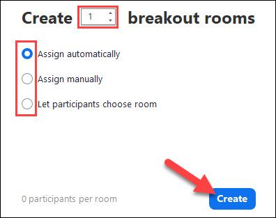 Окно создания Breakout Rooms с выбором количества и способа назначения