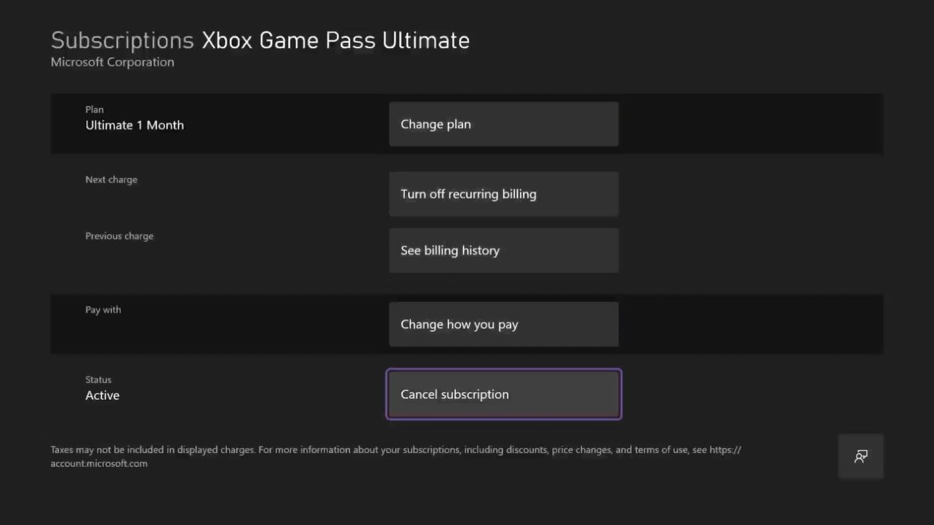 Скриншот параметров подписки Xbox Game Pass на консоли, выделена «Отменить подписку»