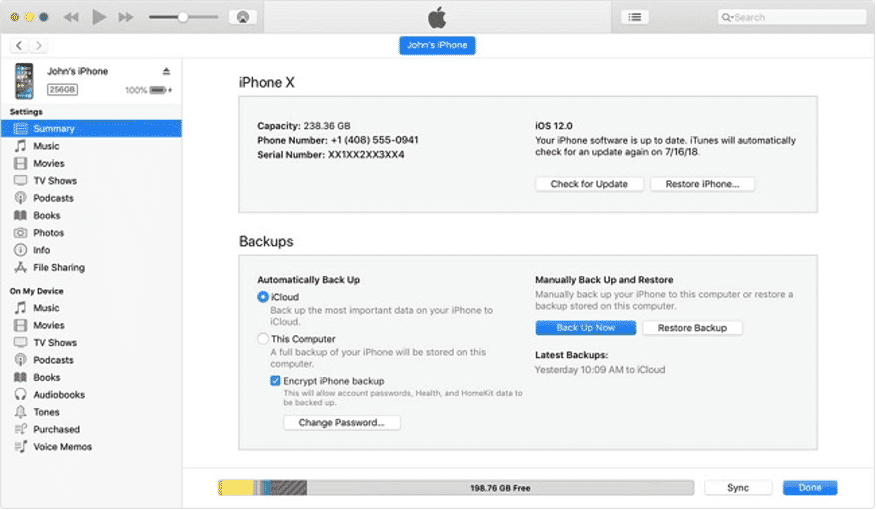 iTunes: окно с настройками устройства и кнопкой «Архивировать сейчас»
