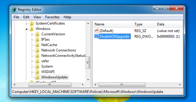Параметр DisableOSUpgrade в редакторе реестра Windows