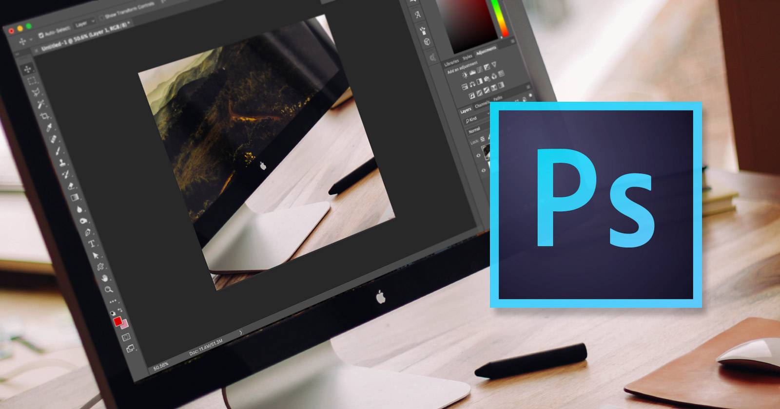 Интерфейс Photoshop с выделенным слоем текста и диалогом деформации
