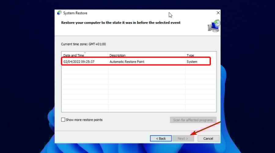 Выбор точки восстановления