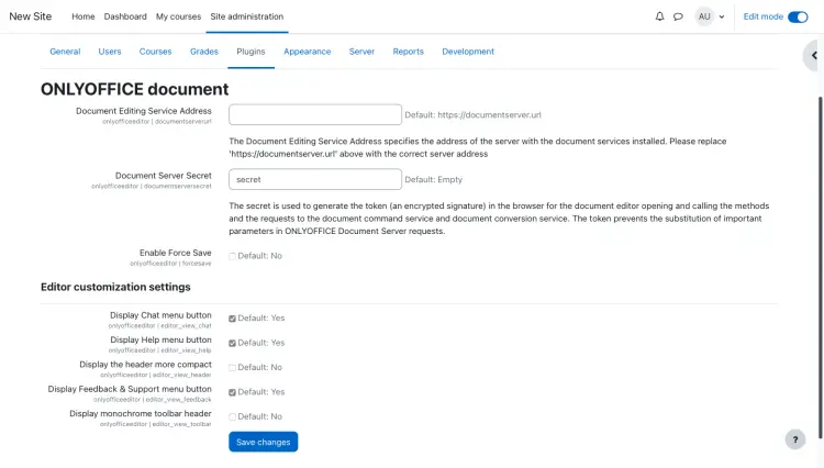 Настройки ONLYOFFICE в Moodle