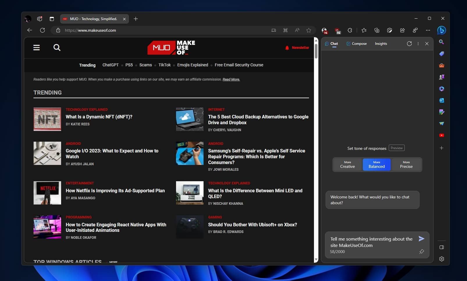 Bing Sidebar использует контекст страницы для исследований и ссылок на источники
