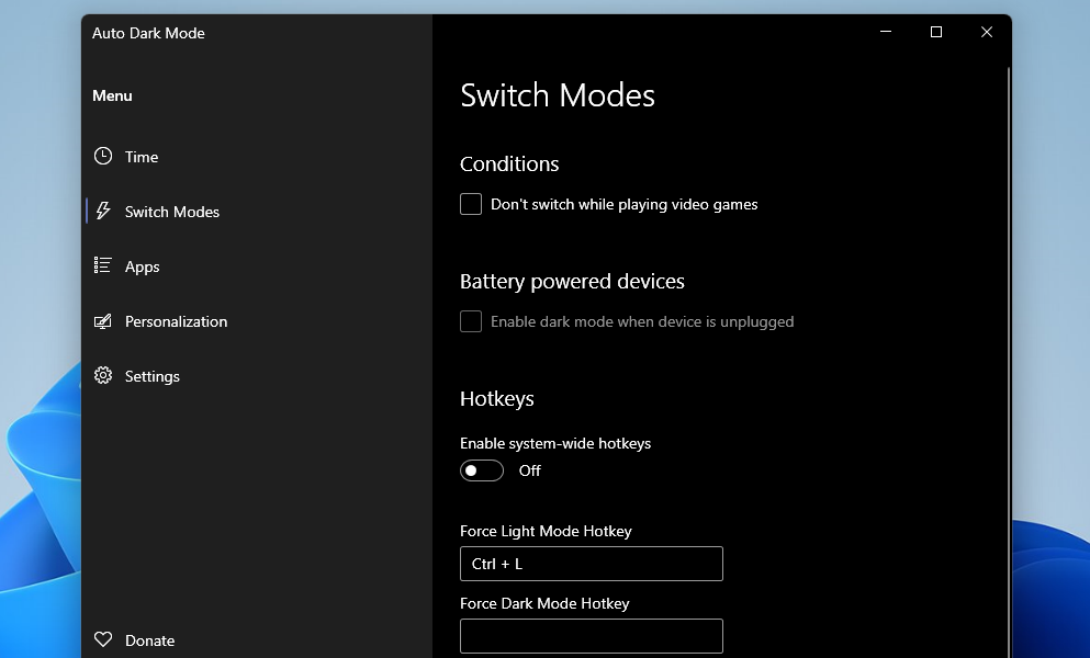The hotkey settings in Auto Dark Mode