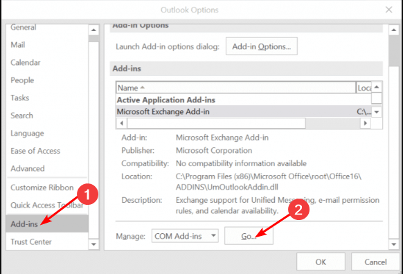 Lista componenti aggiuntivi in Outlook