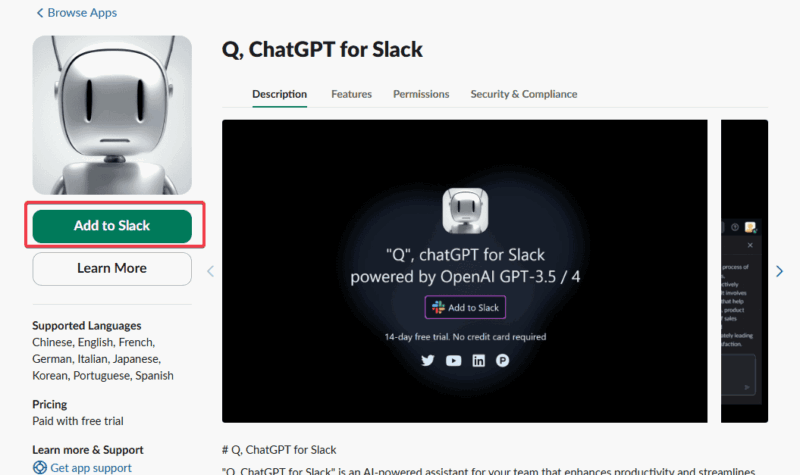 Добавление ChatGPT в Slack — экран установки приложения