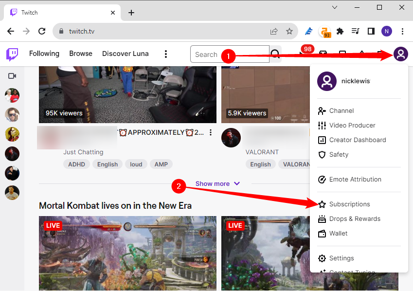 Иконка профиля и меню для перехода в раздел подписок