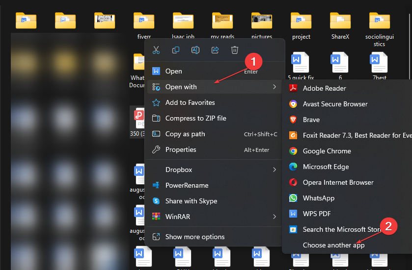 Контекстное меню для выбора приложения