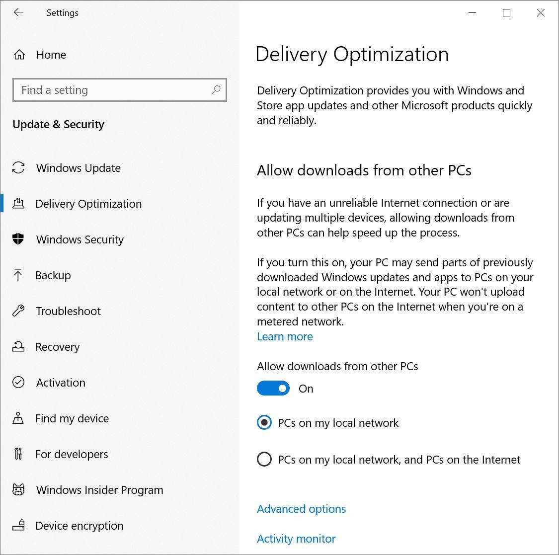 Опции Delivery Optimization в Windows 10
