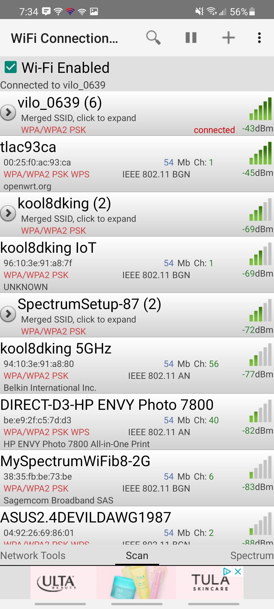 Wi‑Fi Connection Manager — экран с перечнем всех доступных сетей