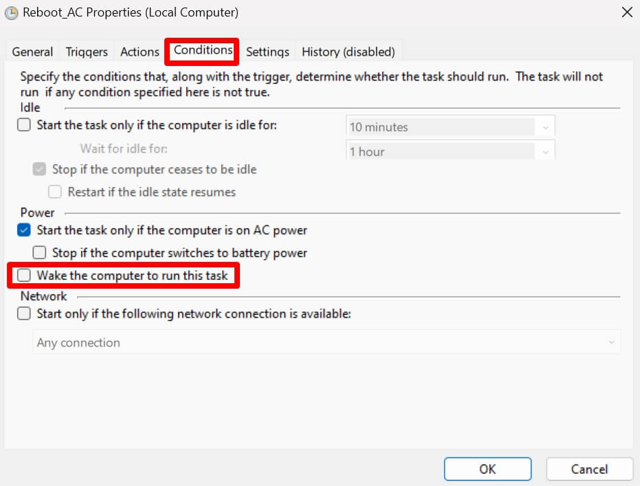 disable wake the computer to run this task