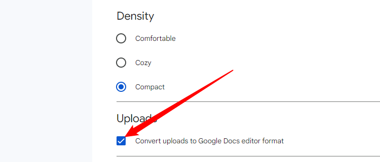 Включите опцию Convert Uploaded Files to Google Docs Editor Format для автоматической конвертации загрузок