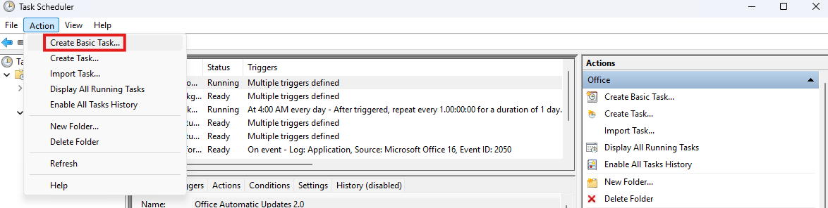 Планировщик Windows показывает меню Действий.