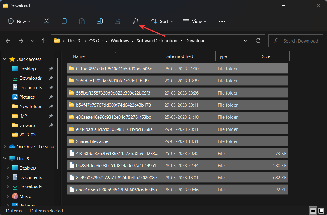 Выделенные файлы в папке SoftwareDistribution готовые к удалению