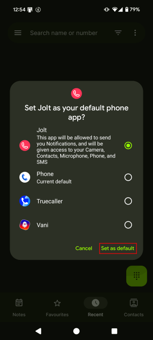 Setting Jolt app as default Phone app on Android. 