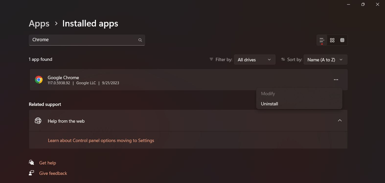 удаление Google Chrome из списка программ