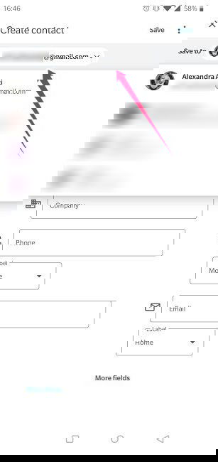 Выбор аккаунта Google для контакта