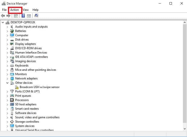 Вкладка Действие в меню Диспетчера устройств