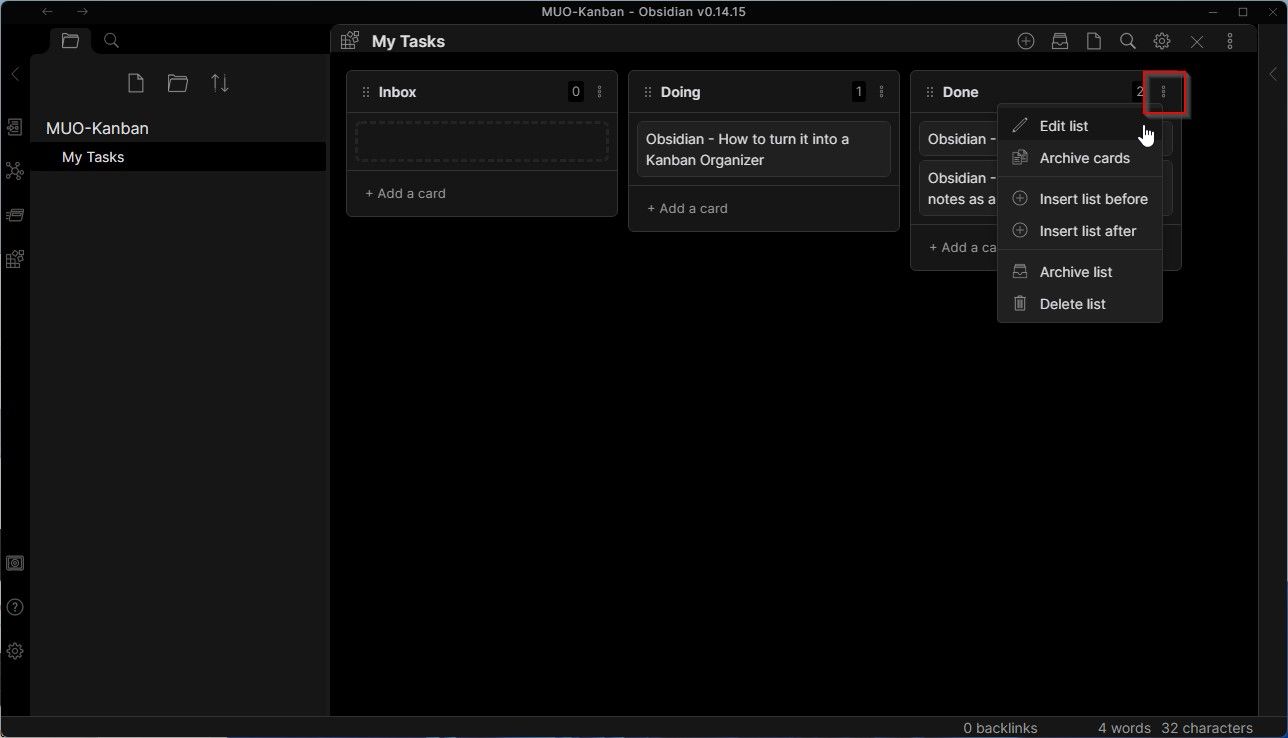 Меню колонки Kanban