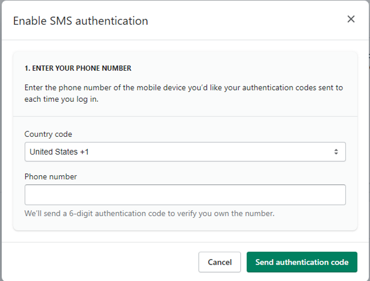 Shopify 2SA set up options SMS click Send authentication code