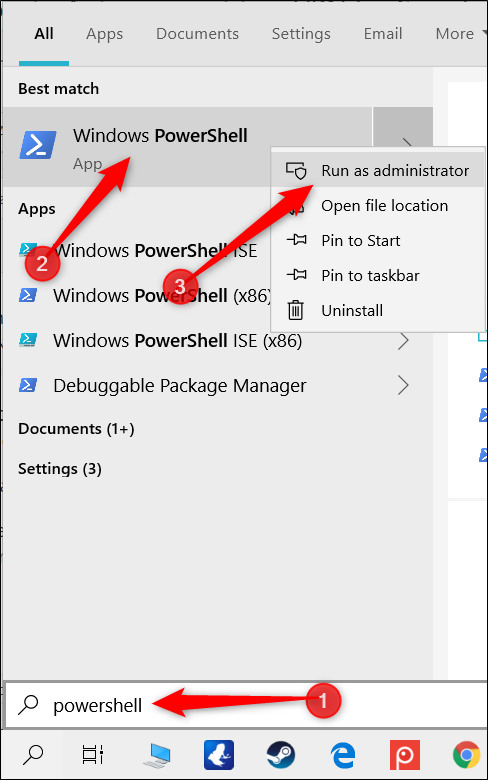 Поиск PowerShell в меню Пуск и запуск от имени администратора