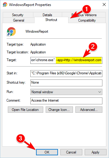 Поле Target с добавленным --app
