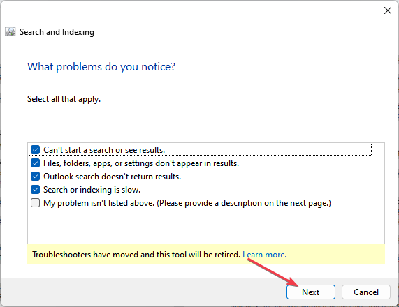 Мастер устранения неполадок поиска — выбор вариантов и кнопка Далее