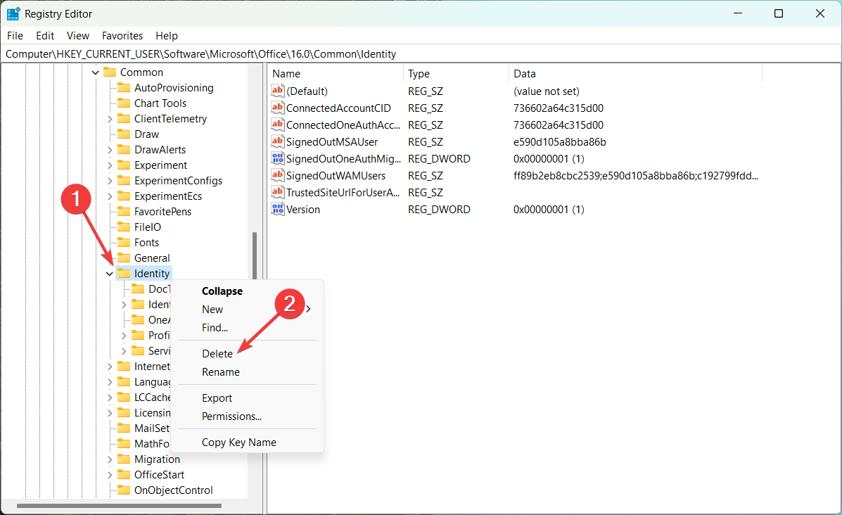 Удаление ключа Identity в редакторе реестра
