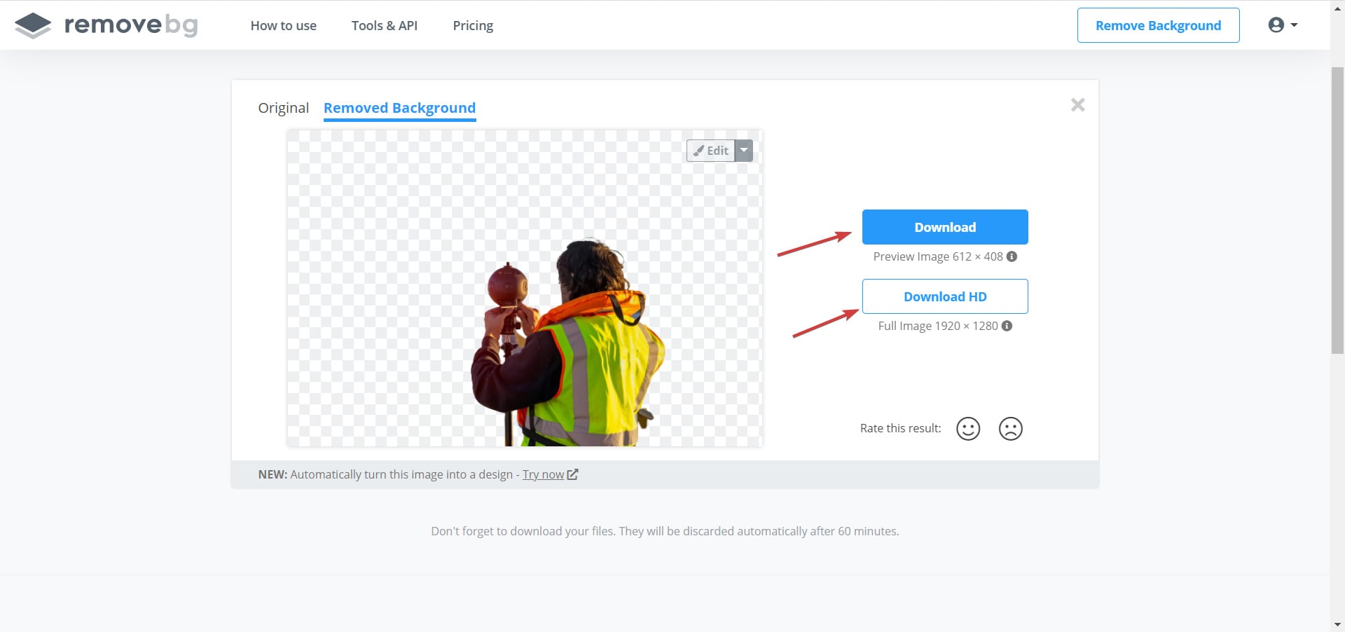 Выбор разрешения для скачивания на remove.bg