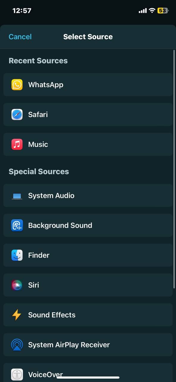 Tap System Audio in the Select Source page in the Airfoil Satellite app on iPhone
