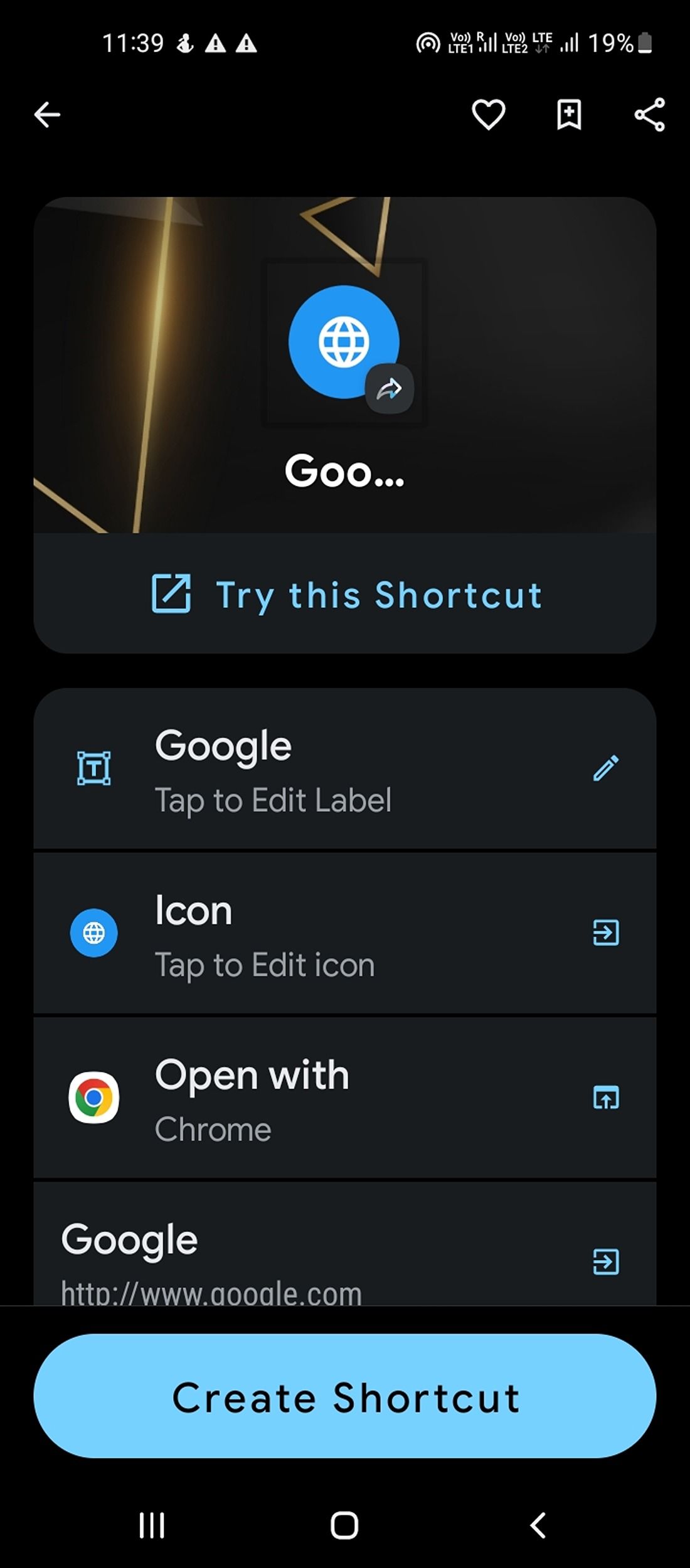 Страница настройки веб‑ярлыка