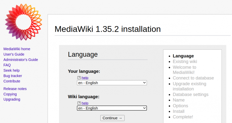 Выбор языка для установки MediaWiki