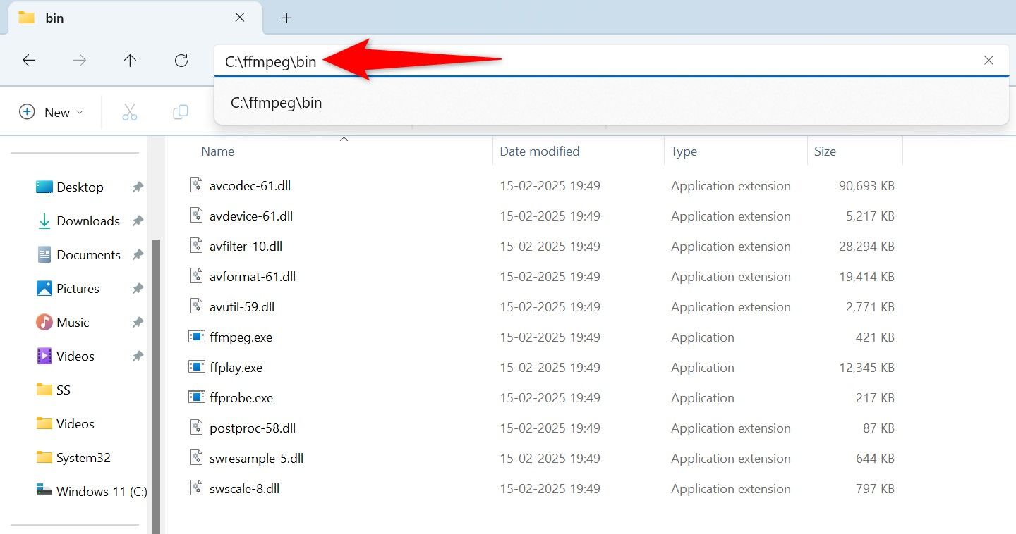 FFmpeg's folder path highlighted in File Explorer.