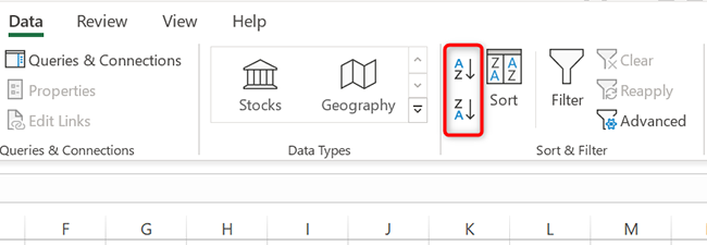 Выберите опцию сортировки A→Z или Z→A в Excel.
