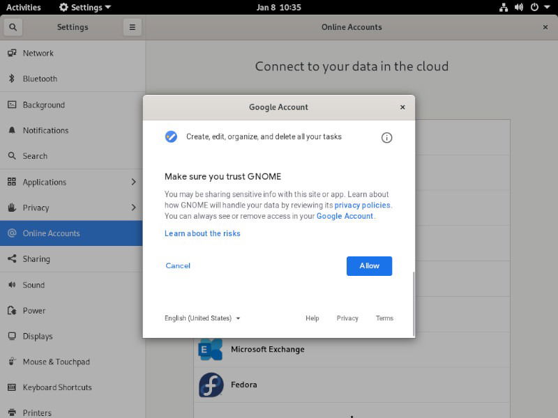 Разрешения доступа GNOME к аккаунту Google
