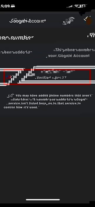 Скриншот: выбор номера телефона в настройках Google на iOS.