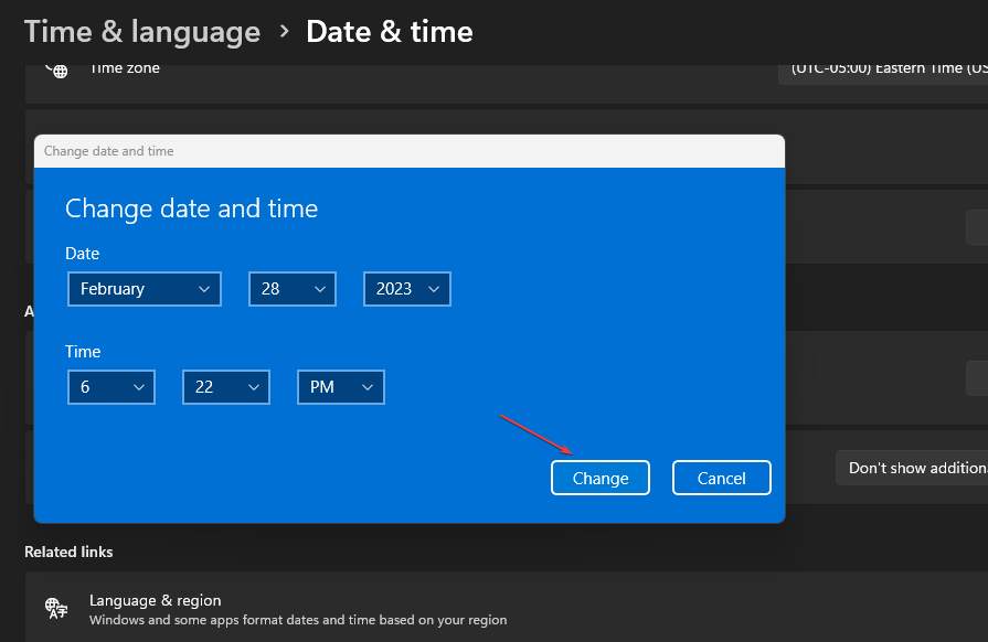 Окно установки текущей даты и времени
