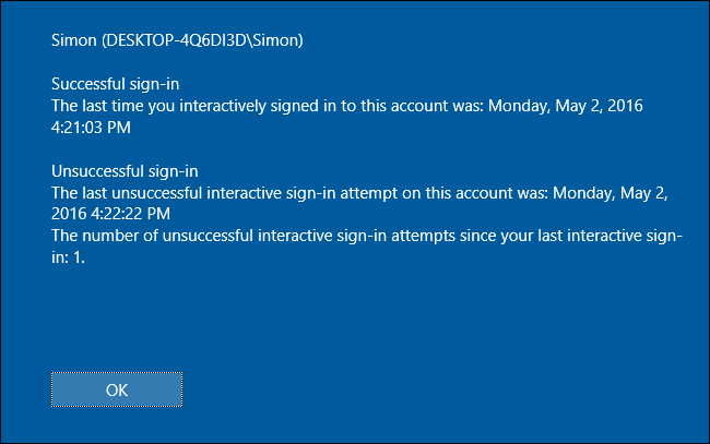 Экран входа Windows с показом последнего входа и неудачных попыток