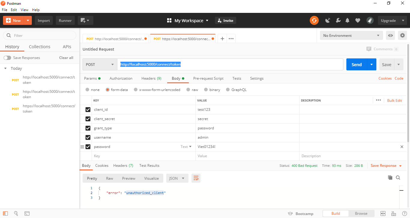 Unauthorized_client: клиент не авторизован