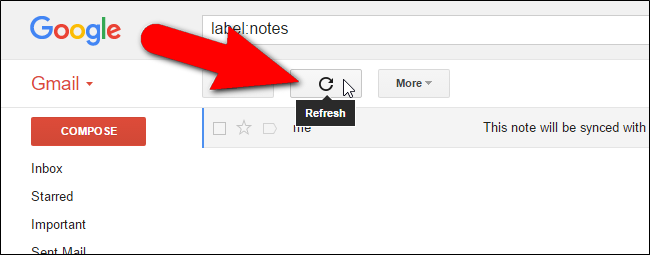 Кнопка Refresh для обновления списка заметок в Gmail