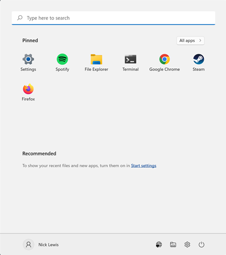 Меню «Пуск» Windows 11 с большим пустым пространством.
