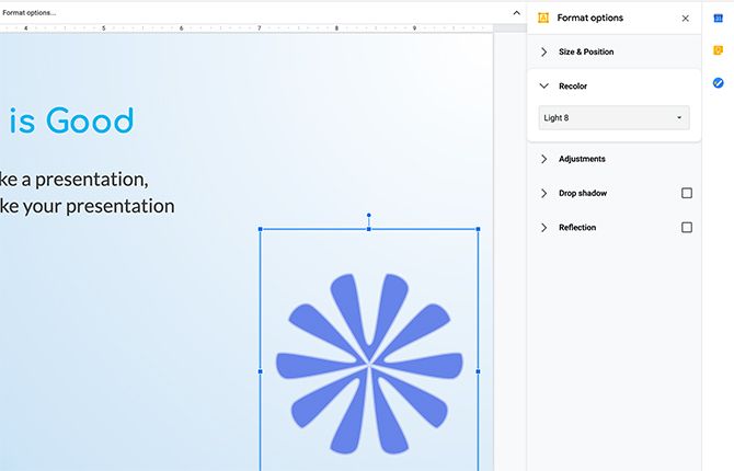 Применение перекраски к изображению в Google Slides