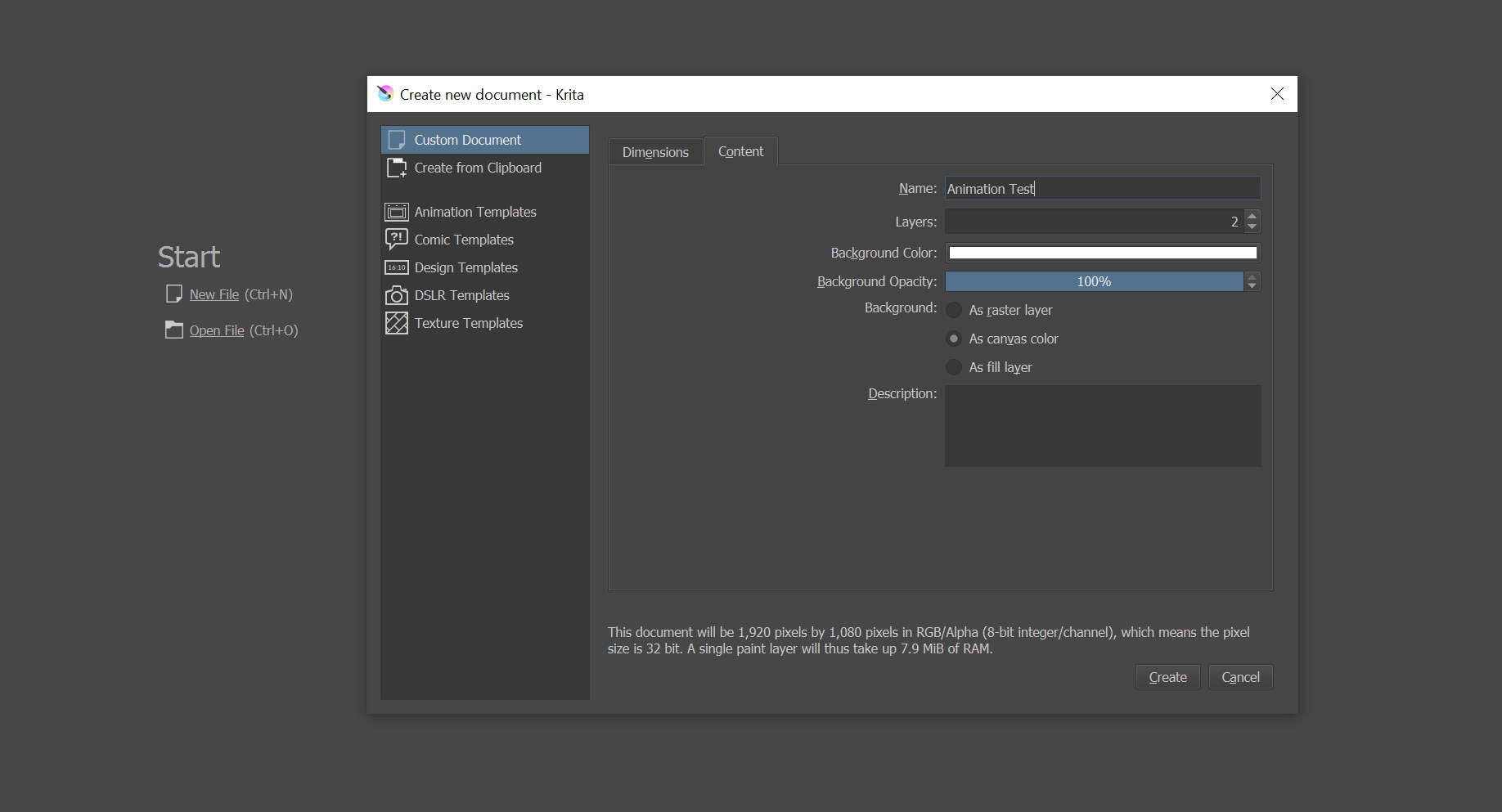 Окно нового проекта с прозрачными слоями в Krita