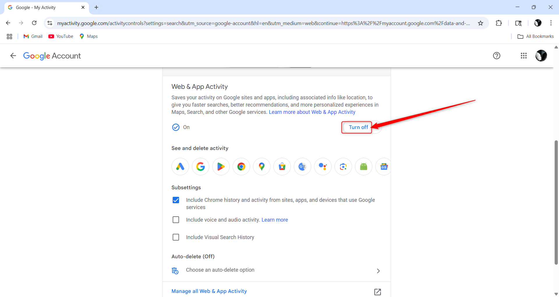Опция отключения отслеживания активности Google в настройках аккаунта.