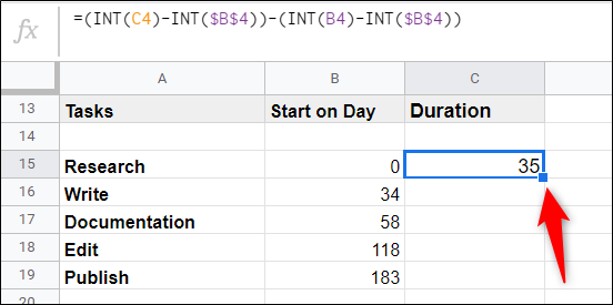 Применение формулы длительности ко всем строкам через автозаполнение