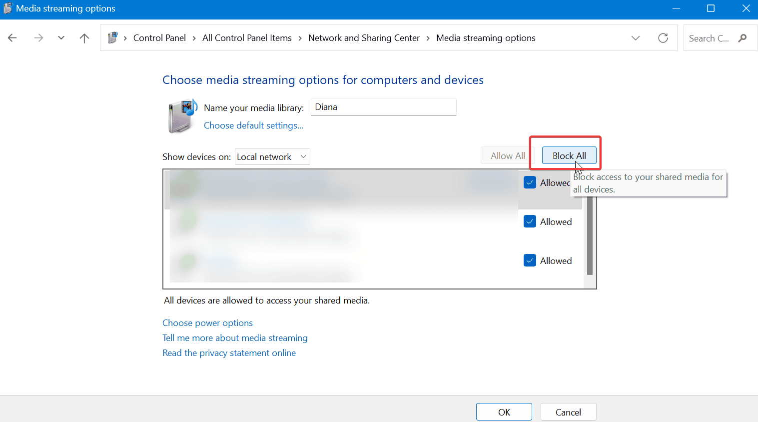 Кнопка заблокировать все устройства для потоковой передачи