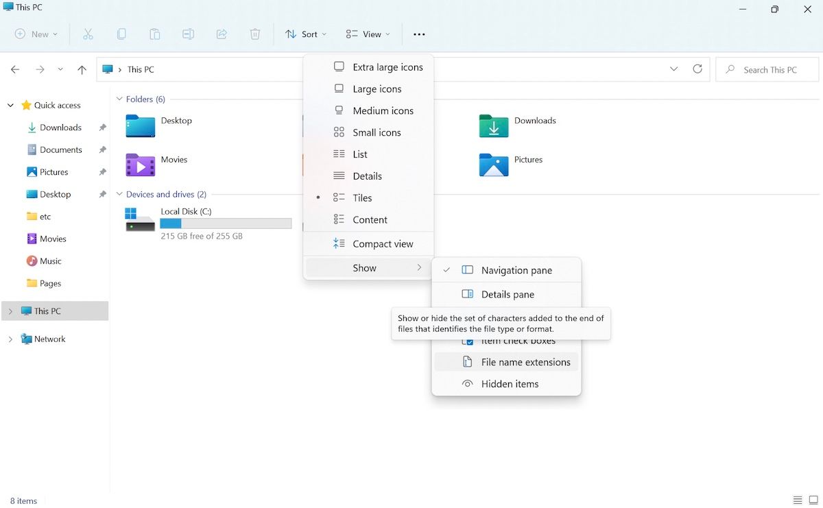 Окно Проводника Windows с выделенным меню «Вид»
